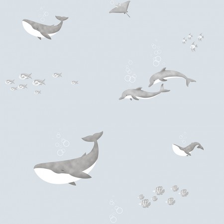 Papel Pintado Infantil delfines y ballenas gris foto ambiente