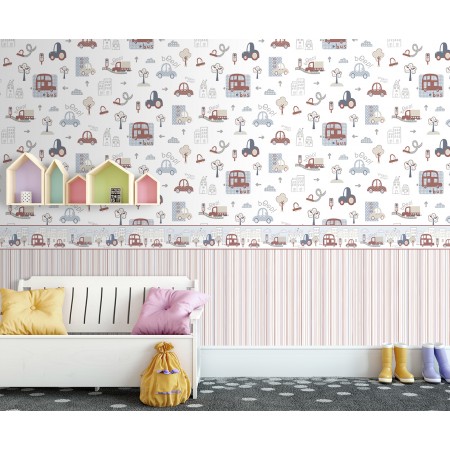 Papel Pintado Infantil coches en ciudad tonos nórdicos foto ambiente