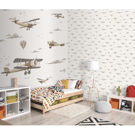 Papel Pintado Infantil aviones vintage beige foto ambiente