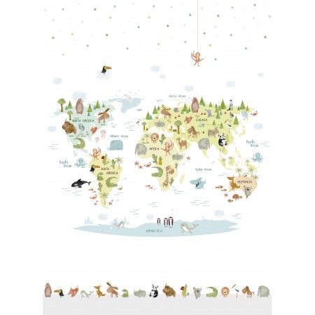 Papel Pintado Mural Infantil mapamundi con animales de diferentes paises Multicolor
