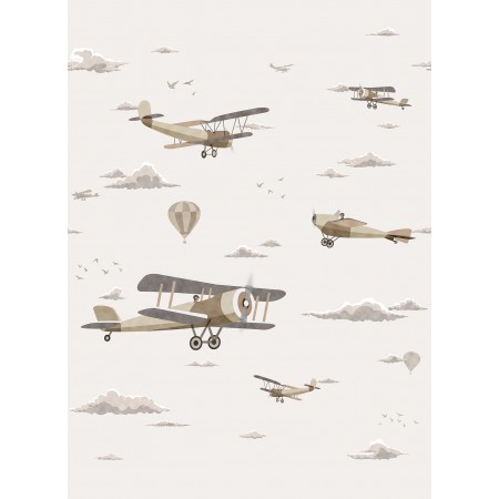 Papel Pintado Mural Infantil avionetas vintage en el cielo tonos beige