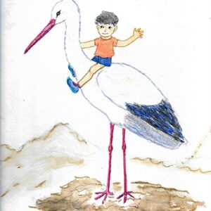 2526-2 Vinilo Dibujo infantil niño y cigüeña