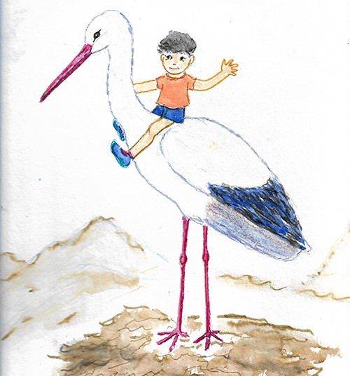 Vinilo Dibujo infantil niño y cigüeña