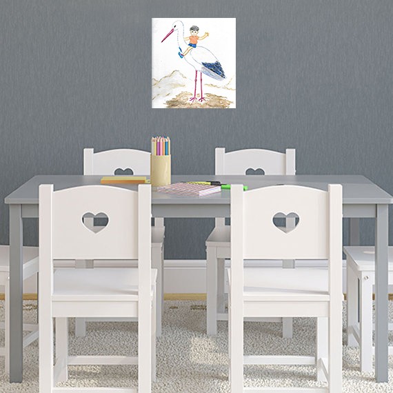 Vinilo Dibujo infantil niño y cigüeña