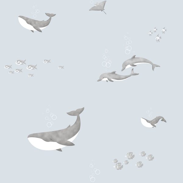 Papel Pintado Infantil delfines y ballenas gris