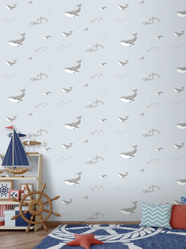 Papel Pintado Infantil delfines y ballenas gris