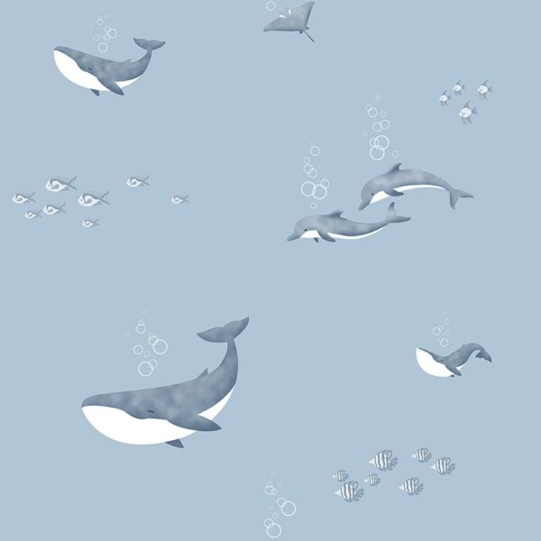 Papel Pintado Infantil delfines y ballenas azul