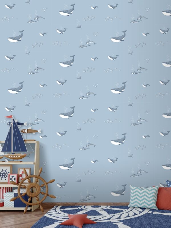Papel Pintado Infantil delfines y ballenas azul