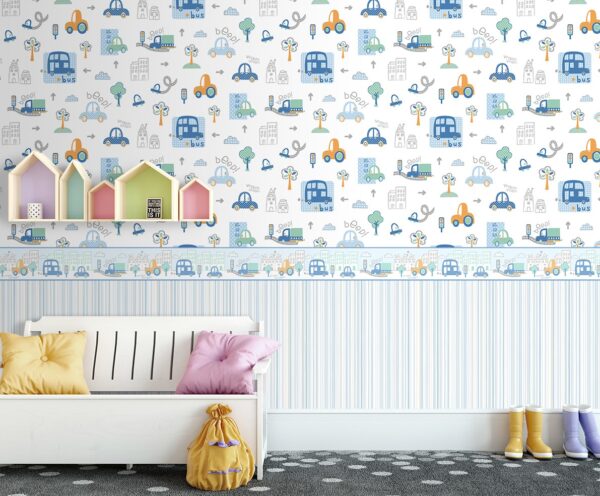 Papel Pintado Infantil coches en ciudad multicolor