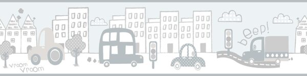 Papel Pintado Cenefa Infantil coches circulando por la ciudad Grises
