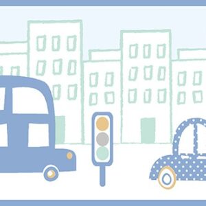 Papel Pintado Cenefa Infantil coches circulando por la ciudad Multicolor Azules