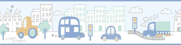 Papel Pintado Cenefa Infantil coches circulando por la ciudad Multicolor Azules