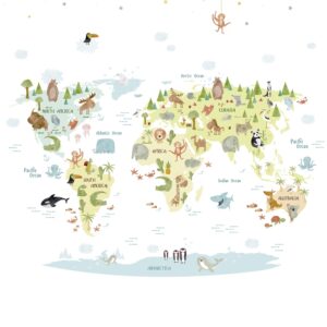 Papel Pintado Mural Infantil mapamundi con animales de diferentes paises Multicolor