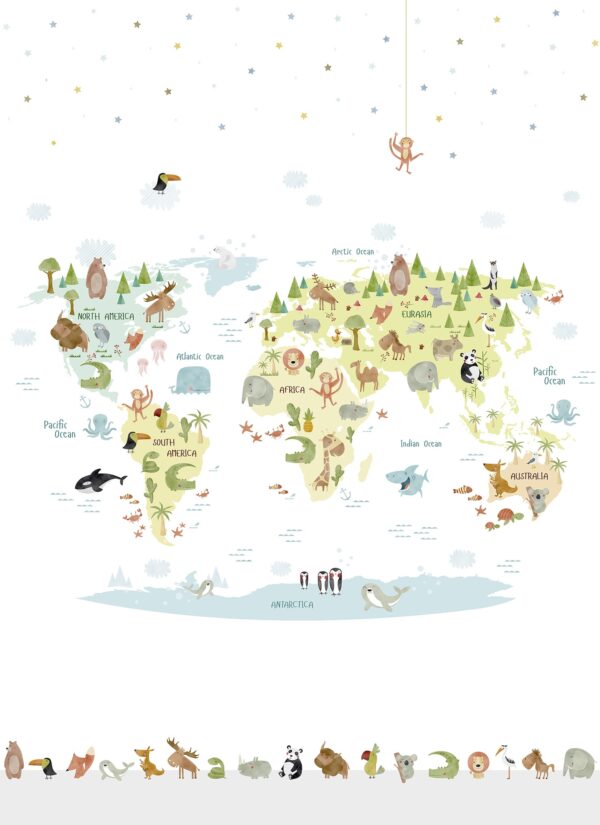 2669-3 Papel Pintado Mural Infantil mapamundi con animales de diferentes paises Multicolor