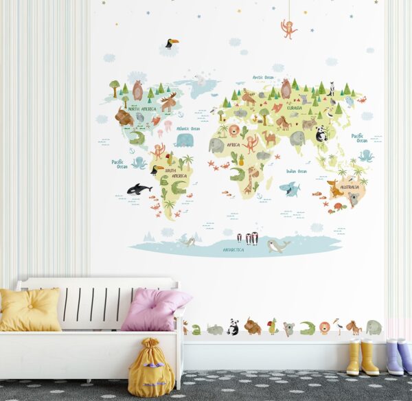 2670-3 Papel Pintado Mural Infantil mapamundi con animales de diferentes paises Multicolor