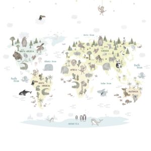 Papel Pintado Mural Infantil mapamundi con animales de diferentes paises tonos nórdicos