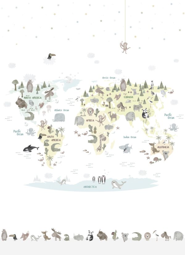 Papel Pintado Mural Infantil mapamundi con animales de diferentes paises tonos nórdicos