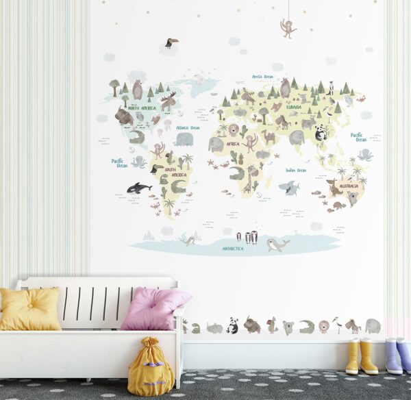 Papel Pintado Mural Infantil mapamundi con animales de diferentes paises tonos nórdicos
