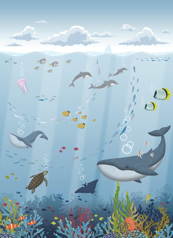 Papel Pintado Mural Infantil fondo marino tonos azules