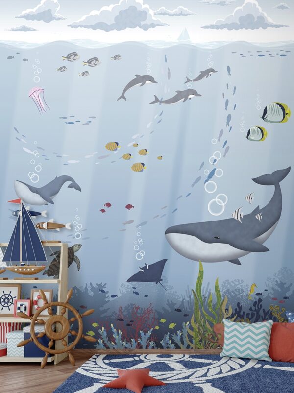 Papel Pintado Mural Infantil fondo marino tonos azules