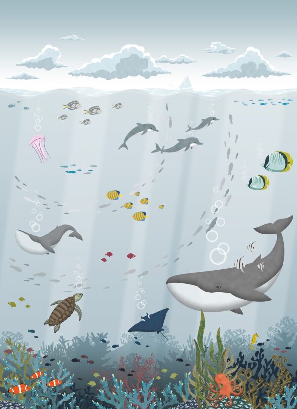 Papel Pintado Mural Infantil fondo marino tonos grises