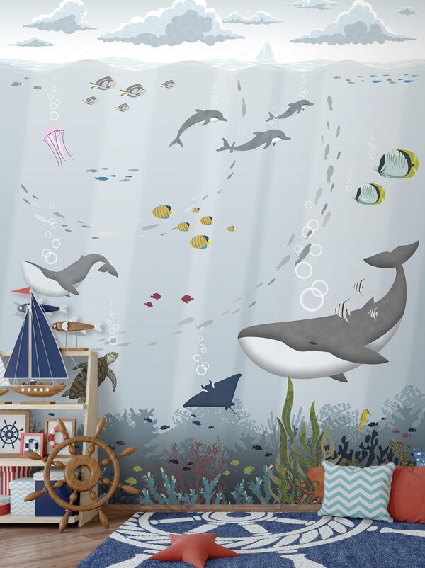 Papel Pintado Mural Infantil fondo marino tonos grises