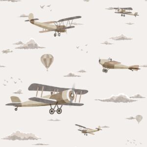 Papel Pintado Mural Infantil avionetas vintage en el cielo tonos beige