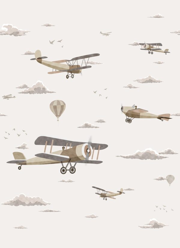 2677-3 Papel Pintado Mural Infantil avionetas vintage en el cielo tonos beige