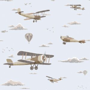 Papel Pintado Mural Infantil avionetas vintage en el cielo tonos azules