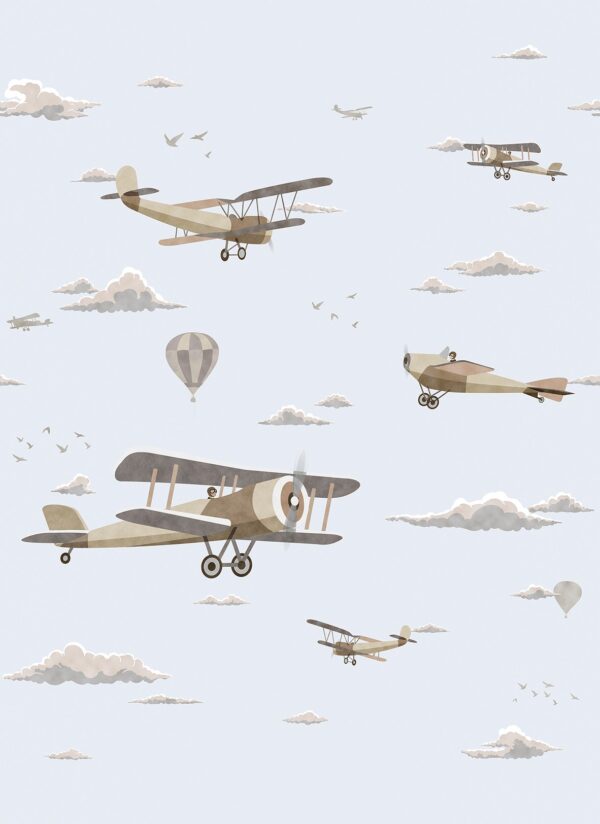 Papel Pintado Mural Infantil avionetas vintage en el cielo tonos azules