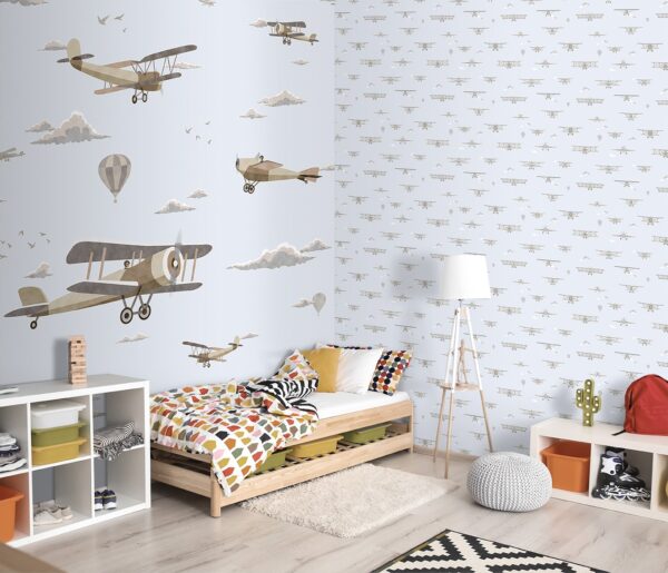 Papel Pintado Mural Infantil avionetas vintage en el cielo tonos azules