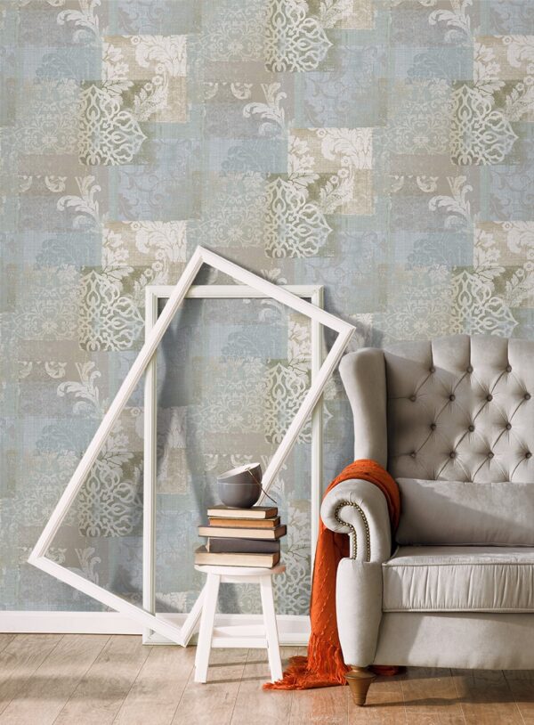 Papel pintado vinílico tela Jacard flores verde