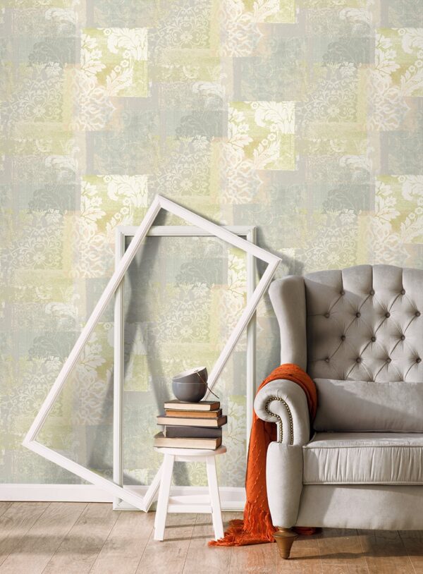 Papel pintado vinílico tela Jacard flores verde pistacho