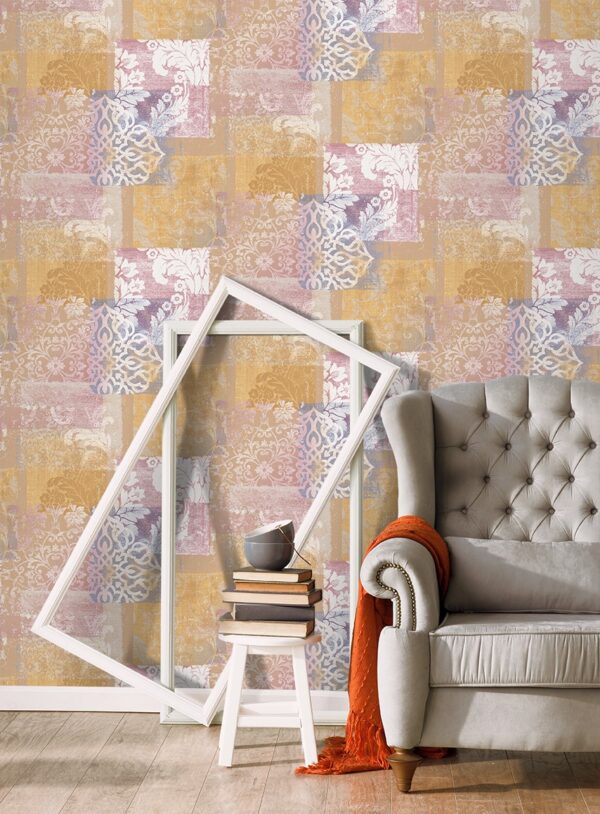 Papel pintado vinílico tela Jacard flores naranja