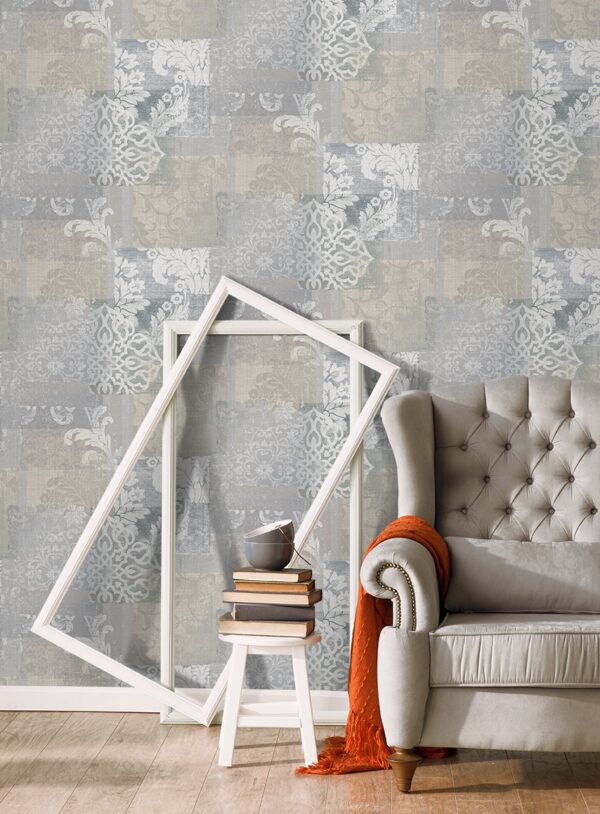 Papel pintado vinílico tela Jacard flores Gris