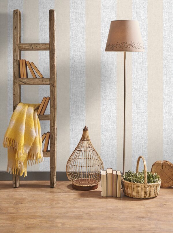 Papel pintado vinílico tela Rafia rayas blanco y beige