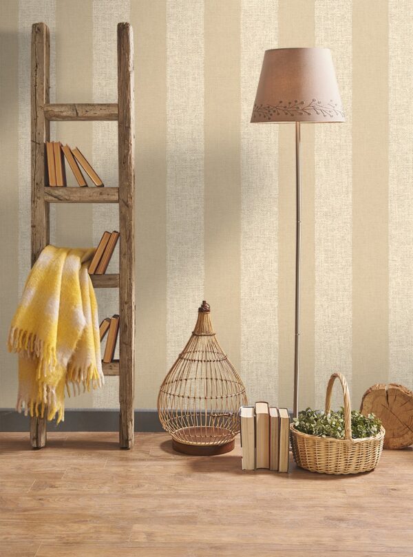 Papel pintado vinílico rayas tela Rafia tonos beige