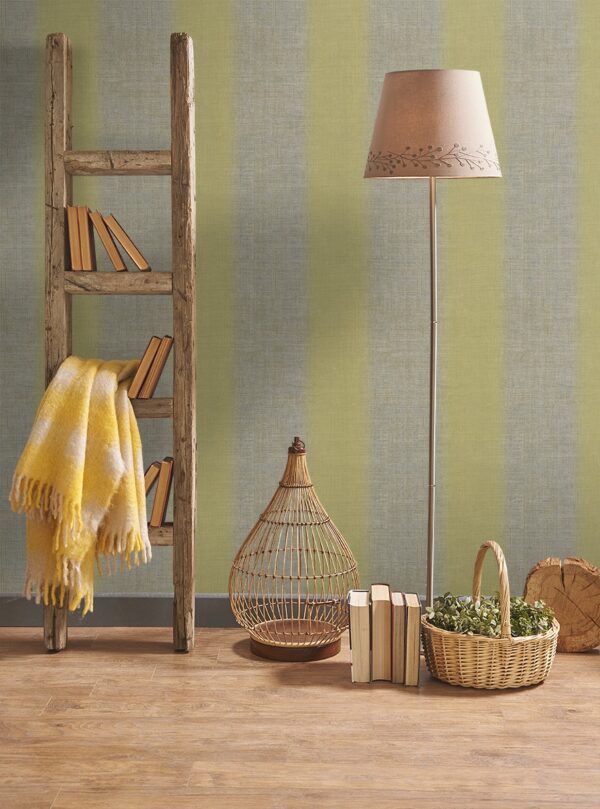 Papel pintado vinílico imitación textura tela Lino rayas verde oscuro